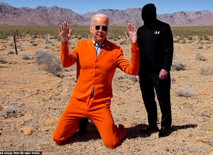 Prompt: joe biden kneeling down in the desert in an orange prison outfit, next to him are two men dressed in full black with black balaclavas, 3 5 mm photograph