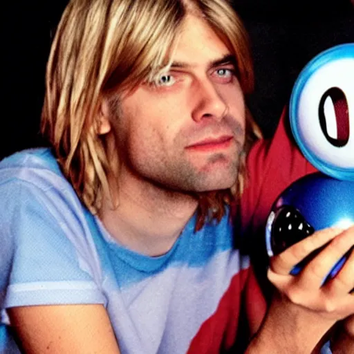 Prompt: Kurt Cobain holding a Pokéball-n 9
