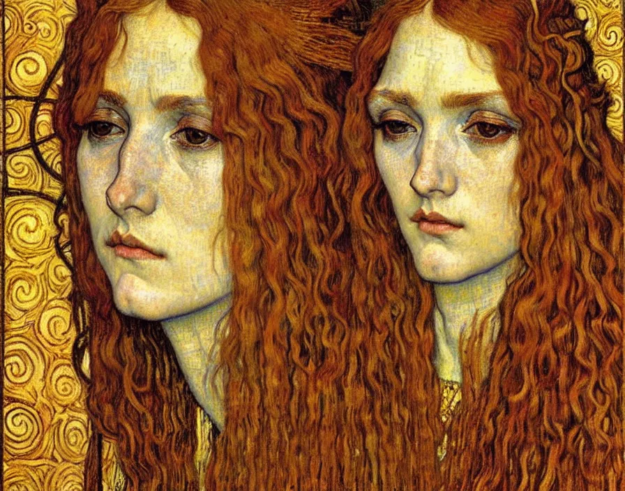 Image similar to detailed realistic beautiful young medieval queen face portrait by jean delville, gustav klimt and vincent van gogh, art nouveau, symbolist, visionary, gothic, pre - raphaelite, muted earthy colors, desaturated