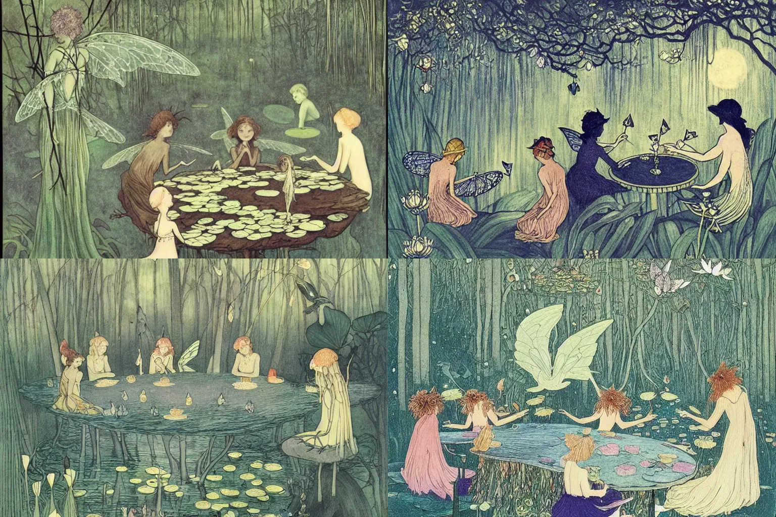 Prompt: a group of gracious winged fairies playing cards on a table in an atmospheric moonlit forest next to a beautiful pond filled with water lilies, artwork by ida rentoul outhwaite