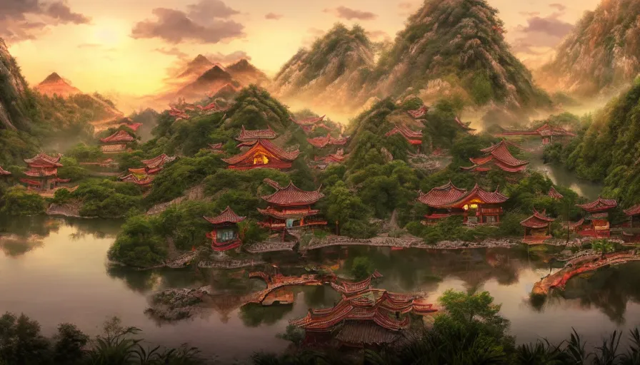 Image similar to chinese village built around a lake with forest at the foot of green gigntic mountains at sunset, fireplace, hyperdetailed, artstation, cgsociety, 8 k