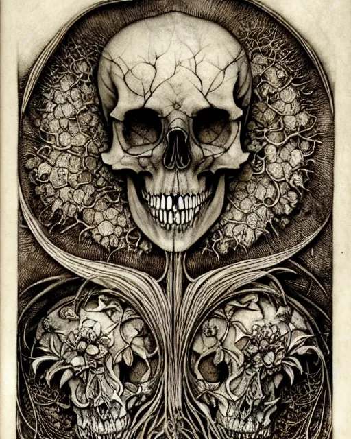 Image similar to memento mori by arthur rackham, art forms of nature by ernst haeckel, exquisitely detailed, art nouveau, gothic, ornately carved beautiful skull dominant, intricately carved antique bone, art nouveau botanicals, ornamental bone carvings, art forms of nature by ernst haeckel, horizontal symmetry, arthur rackham, ernst haeckel, symbolist, visionary