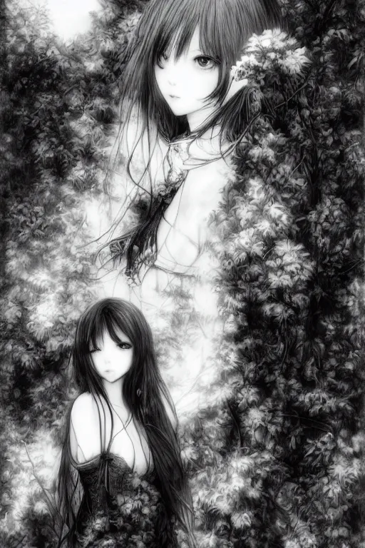 Image similar to a portrait of a character in a scenic environment by Yoshitaka Amano, black and white, dreamy, dark eyes, wavy long black hair, highly detailed