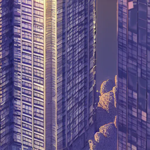 Prompt: a lone futuristic skyscraper with large windows surrounded by smaller buildings, sunset, isometric view, hyperdetailed, sharp, artstation, 3 d render, ray tracing