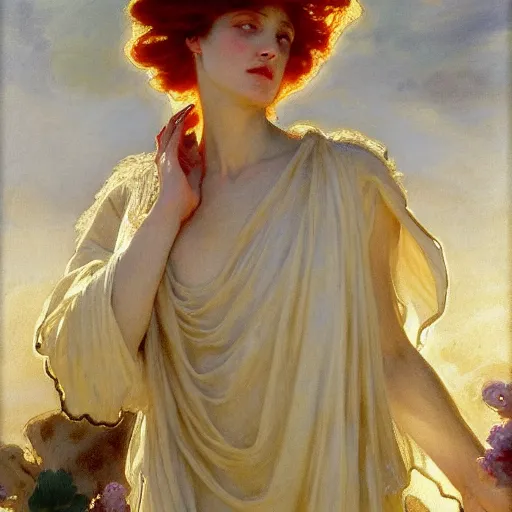 Image similar to redheaded prophetess, fully clothed in white floral chiton, ancient greece, by john singer sargent and gaston bussiere and james jean and grzegorz rutkowski