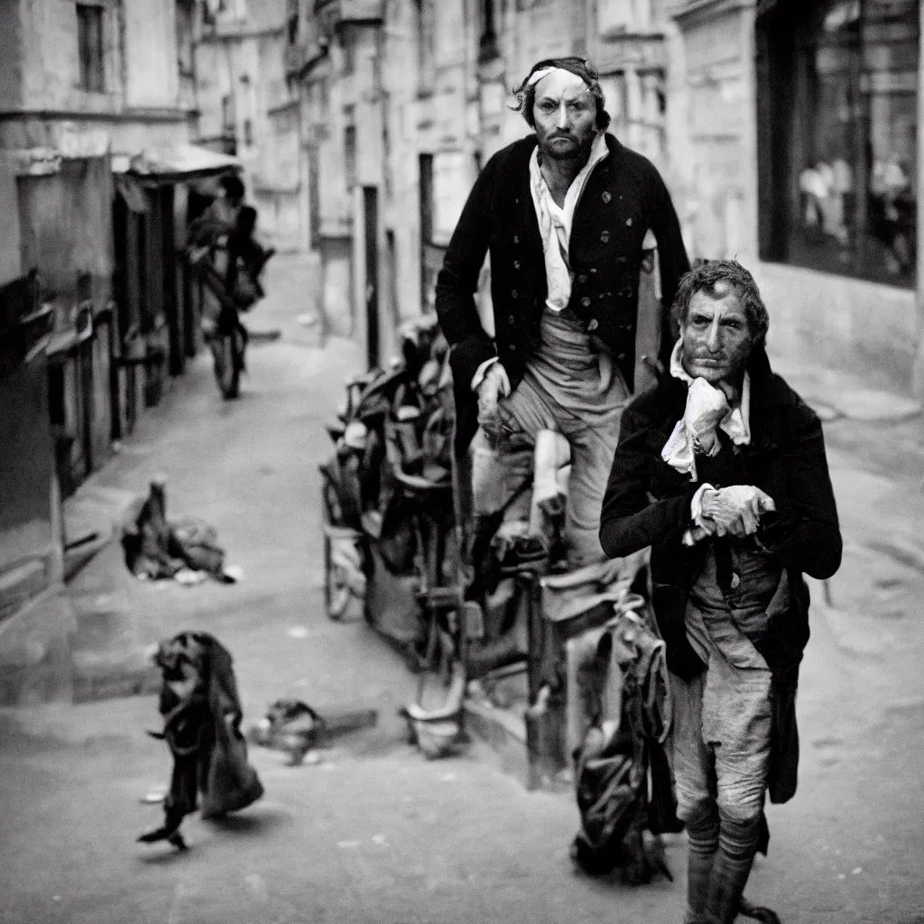 Image similar to 35mm, Black and white portrait of a desperated man in Paris during the 1790s, in the style of Sebastião Salgado Award winning photograph