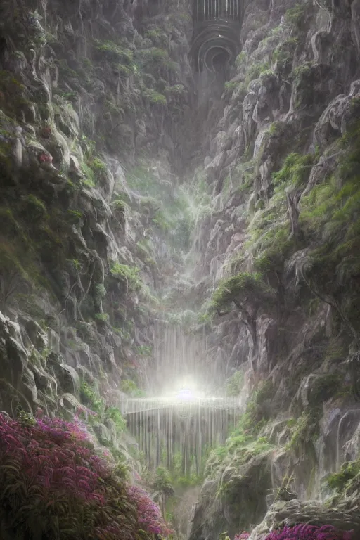 Image similar to amazing concept painting, Rivendell Himeji, hallucination, by Jessica Rossier A gleaming white opera hall fortress overlooks a fertile valley, brutalist deak ferrand Jean-pierre Ugarte bases, garden of eden, by HR giger by Beksinski,