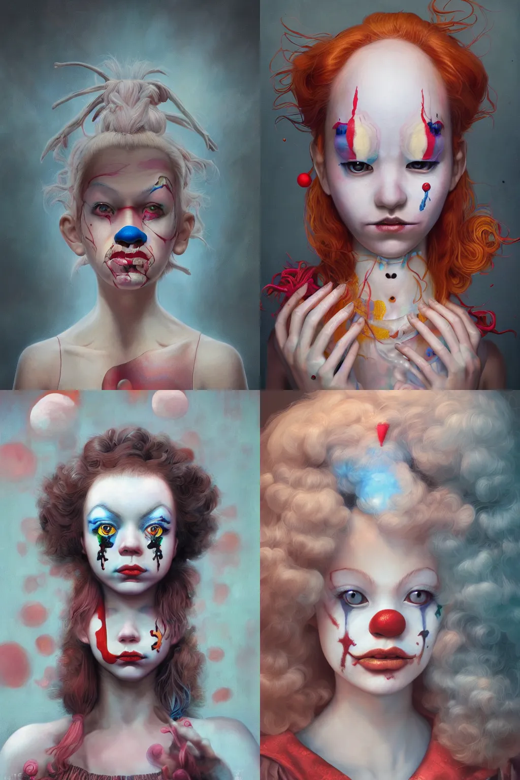 Prompt: breathtaking detailed painting of clown girl , with anxious, piercing eyes, Atari game cover art by Hsiao-Ron Cheng, James jean, Miho Hirano, Hayao Miyazaki, extremely moody lighting, hyperrealistic, octane render, RPG portrait, ambient light, dynamic lighting