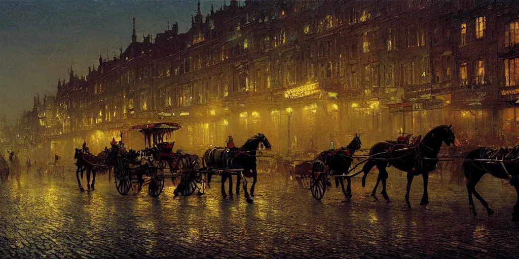 Image similar to Horse carriages, evening, detailed matte painting, cinematic, John Atkinson Grimshaw, Artstation