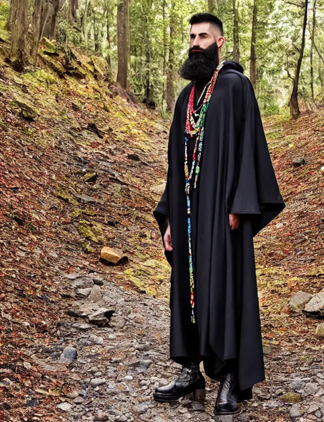 Prompt: longshot full modern detailed colorful cool handsewn textile cloak huge sleeves chiseled chin full beard shaved head nature creek river stream stones in the woods marc jacobs gucci robes chains necklace