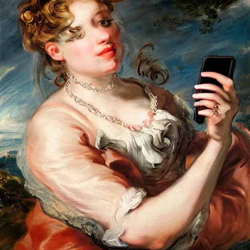 Image similar to heavenly summer sharp land sphere scallop well dressed lady taking a selfie with her iphone auslese, by peter paul rubens and eugene delacroix and karol bak, hyperrealism, digital illustration, fauvist, iphone