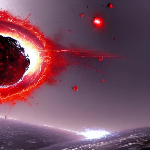 Image similar to red planetoid exploding, cracked, shattered, viewed from earth, concept art, high fantasy, extreme detail