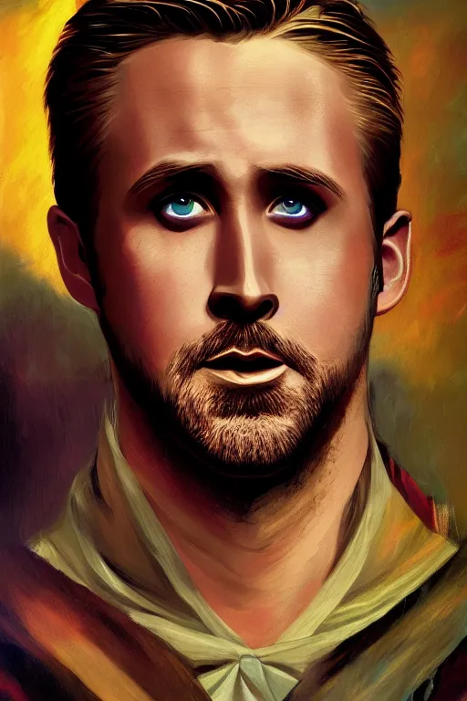 Image similar to a fantasy comic book style portrait painting of ryan gosling, as a drive protagonist, francois boucher, oil painting, daz, hyperrealistic, octane render, regal, refined, detailed digital art, rpg portrait, william - adolphe bouguereau, michael cheval, dynamic lighting, highly detailed, cinematic lighting, 8 k, hd