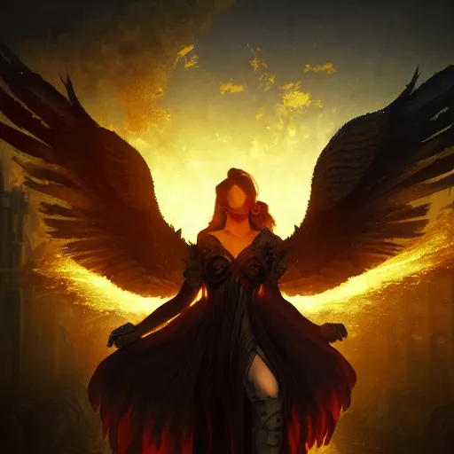 Prompt: Fallen angel as a phoenix in fire, flying through a medieval town by night, buildings in fire, smokes, dark, destruction, post-apocalyptic, DnD character, unreal engine, octane render, dramatic lighting, pond, digital art, by Stanley Artgerm Lau, greg rutkowski, thomas kindkade, alphonse mucha, loish, norman Rockwell