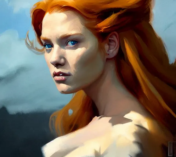 Image similar to greg manchess portrait painting of ginger beautiful princess as game of throne character, medium shot, asymmetrical, profile picture, organic painting, sunny day, matte painting, by greg rutkowski, by greg tocchini, by james gilleard, by joe fenton, dynamic lighting, gradient light blue, brown, blonde cream and white color scheme, grunge aesthetic