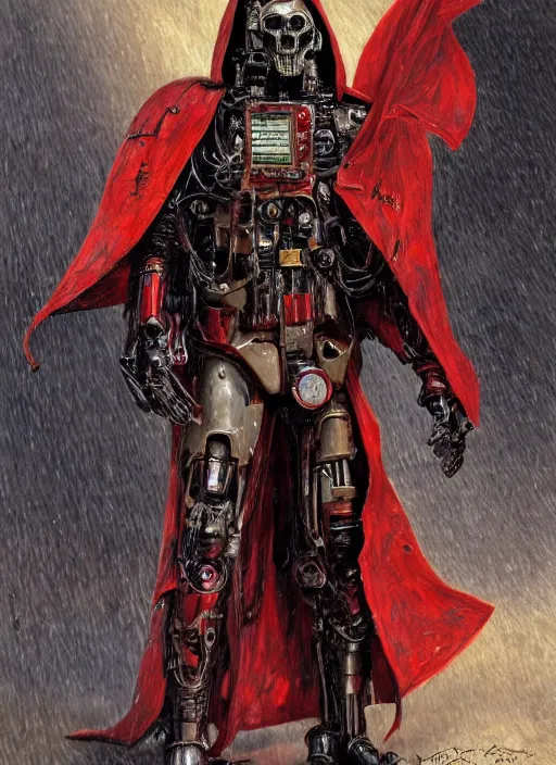 Image similar to portrait of rotten Tom Cruise as adeptus mechanicus in red hood and robe from Warhammer 40000. Highly detailed, artstation, illustration by and John Blanche and zdislav beksinski and wayne barlowe and Gustav Klimt