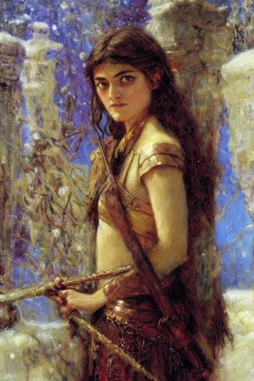 Image similar to portrait of arya stark. art by gaston bussiere.
