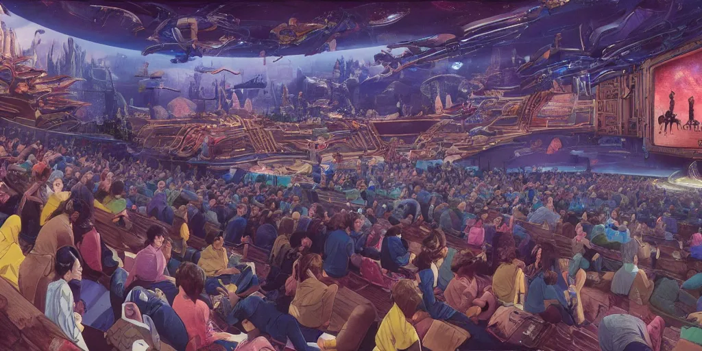 Prompt: choose your own adventure style cinema, multiple screens, astonishingly large cinema hall, detailed concept art, kids flying through the cinema, holodeck futuristic entertainment, theatre by moebius, amphitheatre crowd, incredible masterpiece