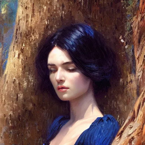 Prompt: portrait of a strong woman resting on a large tree, short black hair, thoughtful experssion, minimal dark blue clothing, sharp focus, ultra realistic digital painting, colorful, backlit, high fantasy, intricate, highly detailed, smooth, elegant, gaston bussiere, bayard wu, greg rutkowski