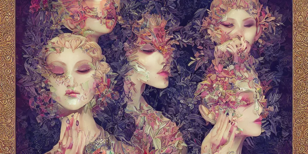 Image similar to breathtaking detailed concept art painting kaleidoscope art deco pattern of blonde faces goddesses amalgamation flowers, by hsiao - ron cheng, bizarre compositions, exquisite detail, extremely moody lighting, 8 k