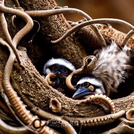 Image similar to Cuckoo chicks in nest being fed by an octopus national geographic photography