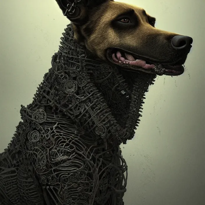 Prompt: portrait of skeleton Malinois. intricate abstract. intricate artwork. by Tooth Wu, wlop, beeple, dan mumford. octane render, trending on artstation, greg rutkowski, very coherent symmetrical artwork. cinematic, hyper realism, high detail, octane render, 8k, iridescent accents, deep blacks