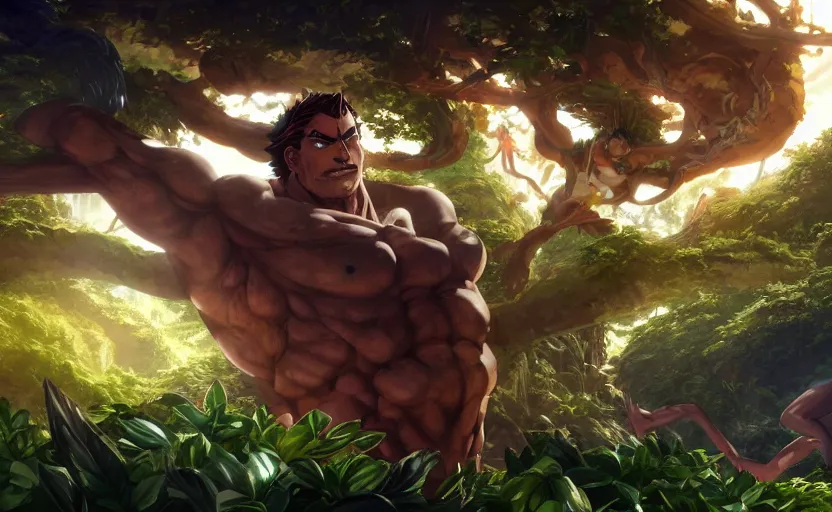 Image similar to portrait of a colossal god ruling over a small jungle village, digital painting masterpiece, advanced lighting technology, stylized yet realistic anatomy and face, gorgeous, by reiq and bengus and akiman and shigenori soejima and bastien vives and balak and michael sanlaville, 4 k wallpaper, cinematic, gorgeous brush strokes