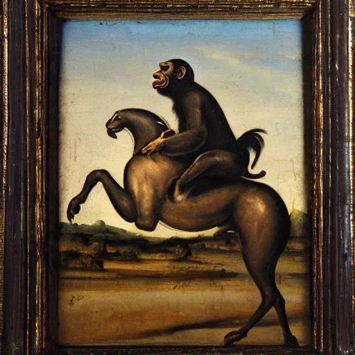 Prompt: Renaissance era oil painting of a chimpanzee riding a horse