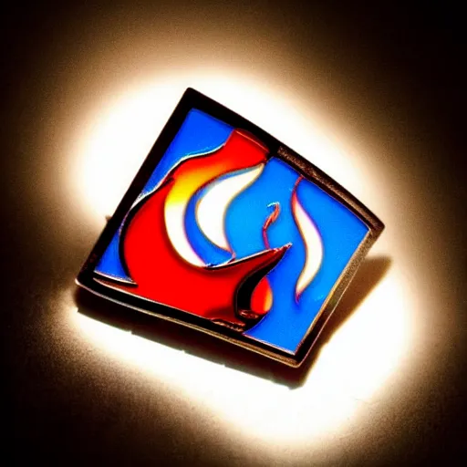 Image similar to a photo of a retro 1 9 8 0 s minimalistic clean fire flames enamel pin, beautiful cinematic light, behance