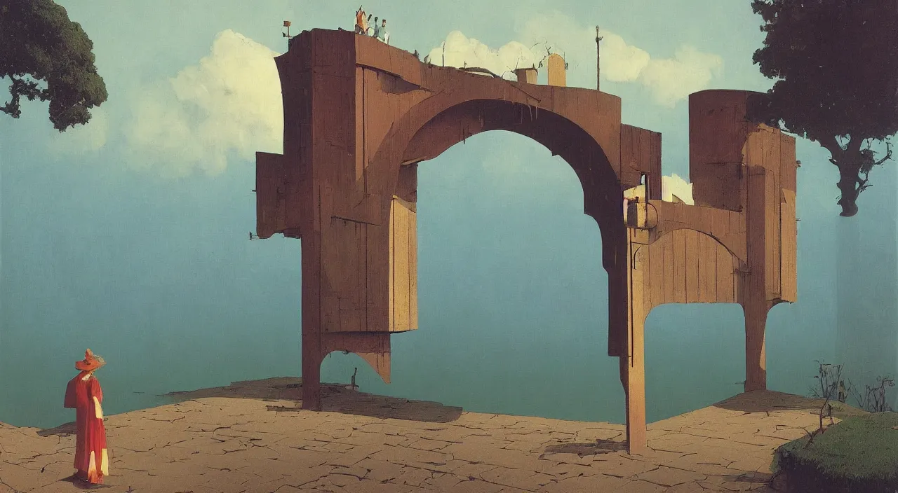 Image similar to single flooded simple wooden arch! tower, very coherent and colorful high contrast!! masterpiece by rene magritte simon stalenhag carl spitzweg syd mead norman rockwell edward hopper james gilleard, minimalist, dark shadows, sunny day, hard lighting