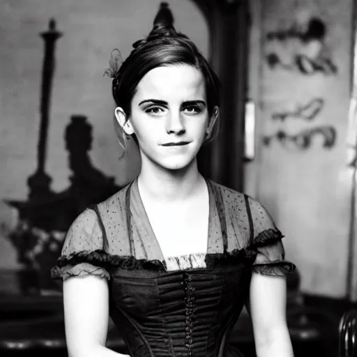 Image similar to emma watson 1 8 0 0 s in a busy saloon, black - and - white photo,