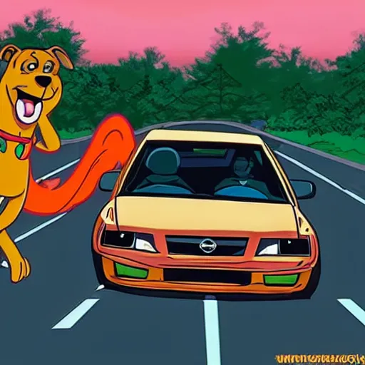 Image similar to scooby doo professionally drifting a nissan pulsar through windy roads in the hills, drawn anime style