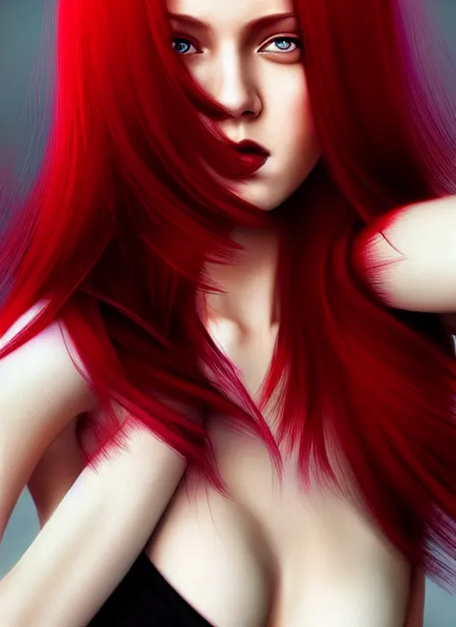 Prompt: photo of gorgeous woman with her right die hair dyed red and left side hair white in the style of stefan kostic, realistic, half body shot, sharp focus, 8 k high definition, insanely detailed, intricate, elegant, art by stanley lau and artgerm, foggy backgeound