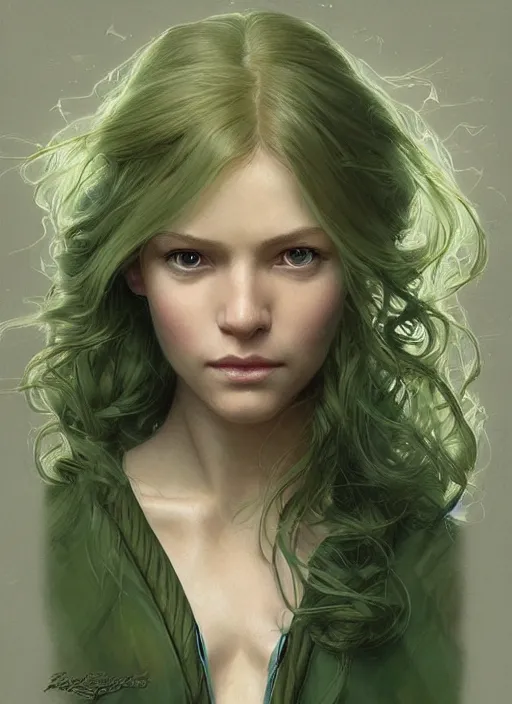 Prompt: a young april with a mischievous face and extremely long blonde wavy hair dressed in a green pale mechanic suit, she is a jedi, intricate detailed face, artgerm, greg rutkowski, alphonse mucha