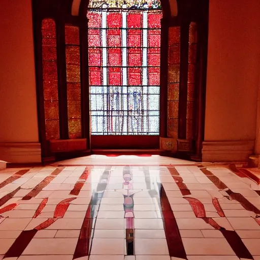 Prompt: the sun shines through red stained glass windows that cast a beautiful reflection on the white marble floor below, i see the pattern of the windows outlined by the red light on the floor