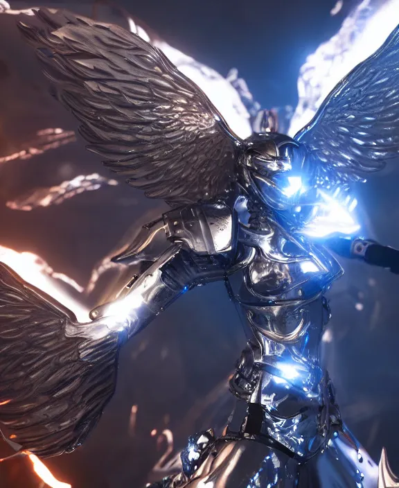 Prompt: stunning concept art of a fiery angel in a silver futuristic battle suit, 4 k resolution, unreal engine render