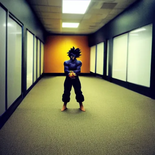 Prompt: low quality photo of a goku in the backrooms, mono - yellow old moist carpet randomly connected infinite empty office space