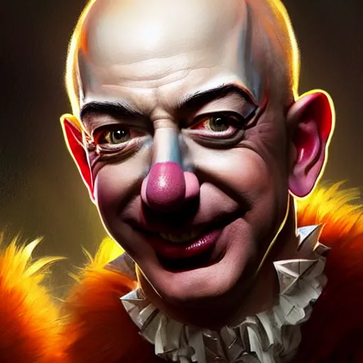 Image similar to Jeff Bezos in clown makeup, closeup, D&D, fantasy, intricate, elegant, highly detailed, digital painting, artstation, concept art, matte, sharp focus, illustration, hearthstone, art by Artgerm and Greg Rutkowski and Alphonse Mucha