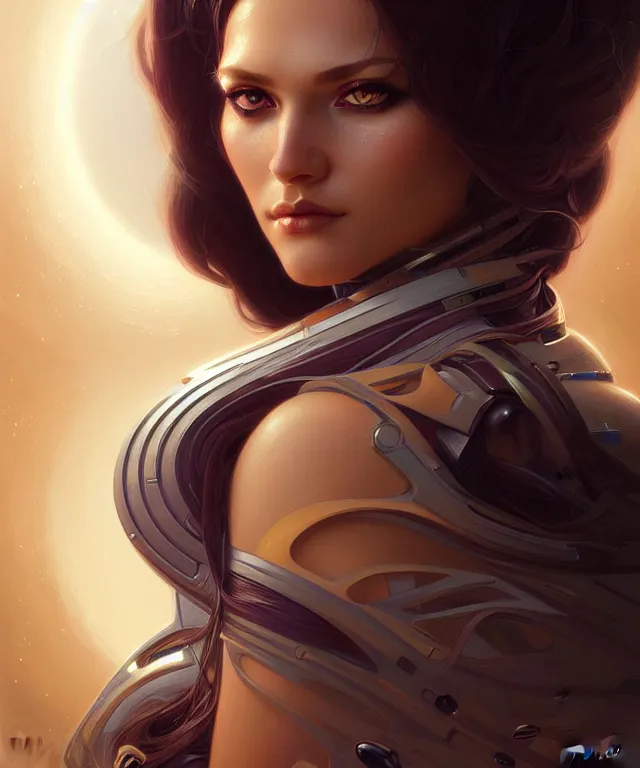 Image similar to futuristic woman portrait, sci-fi, amber eyes, face, long hair, fantasy, intricate, elegant, highly detailed, digital painting, artstation, concept art, smooth, sharp focus, illustration, art by artgerm and greg rutkowski and alphonse mucha