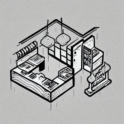 Image similar to hand - drawn minimalistic line portrait of cannabis cafe, isometric, inked, digital art