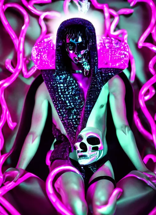 Prompt: photo of baroque and bladerunner delicate neon sapphire sculpture of seductive onyx albino king adrien sahores geometric pink iridescent humanoid deity wearing black fluffy hoody holding diamond skull in a black metallic dungeon, reclining, glowing rainbow face, crown of white diamonds, cinematic lighting, photorealistic, octane render 8 k depth of field 3 d