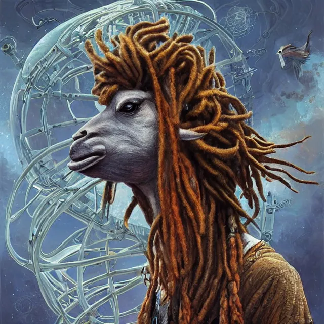 Image similar to llama with dreadlocks, industrial sci - fi, by mandy jurgens, ernst haeckel, james jean