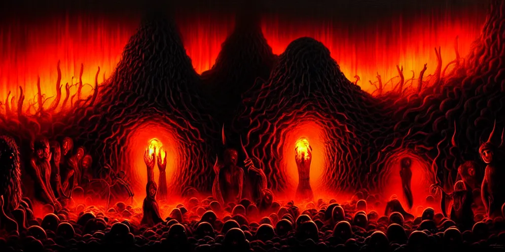 Image similar to repressed emotion creatures and monsters at the mouth of hell, dramatic lighting glow from giant fire, attempting to escape and start a revolution, in a dark surreal painting by ronny khalil