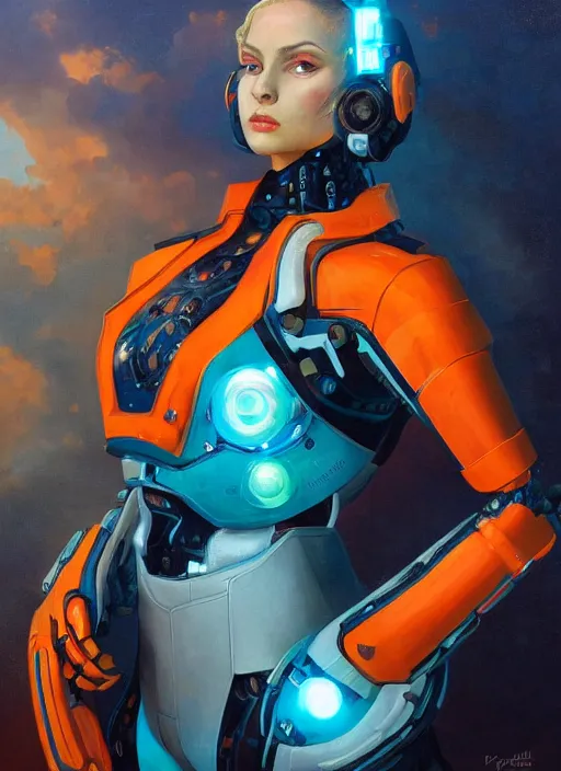 Image similar to symmetry!! dynamic pose! closeup portrait of a cyborg valkyree girl, fashion cyborg jumpsuit, shoulder pads, cinematic light, backlight, teal orange, volumetric clouds, by gerald brom, by mikhail vrubel, by peter elson, muted colors, extreme detail, trending on artstation, 8 k