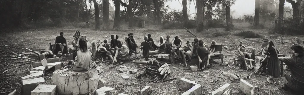 Prompt: group of humans huddled around a bonfire in a decaying building with the world outside overgrown and in ancient architecture ruins from a higher perspective with dramatic lighting photographed with an animorphic lens, rendered in a cinematic hazy dusk sunset golden hour atmosphere photographed by robert frank