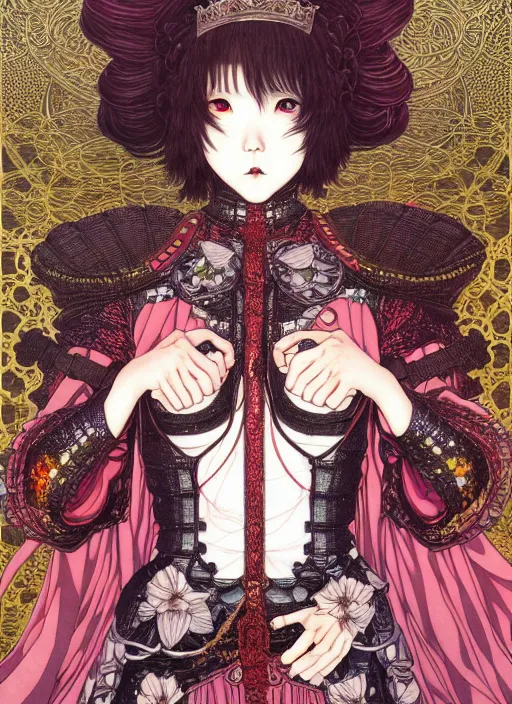 Image similar to highly detailed illustration yoneyama mai, artstation, katsuhiro otomo, fluorescent, fantastic, fate, manga poster of princess mechine, minaba hideo, takato yamamoto, long hair, art nouveau, armor, laces, ruffles, 8 k, maximalist,