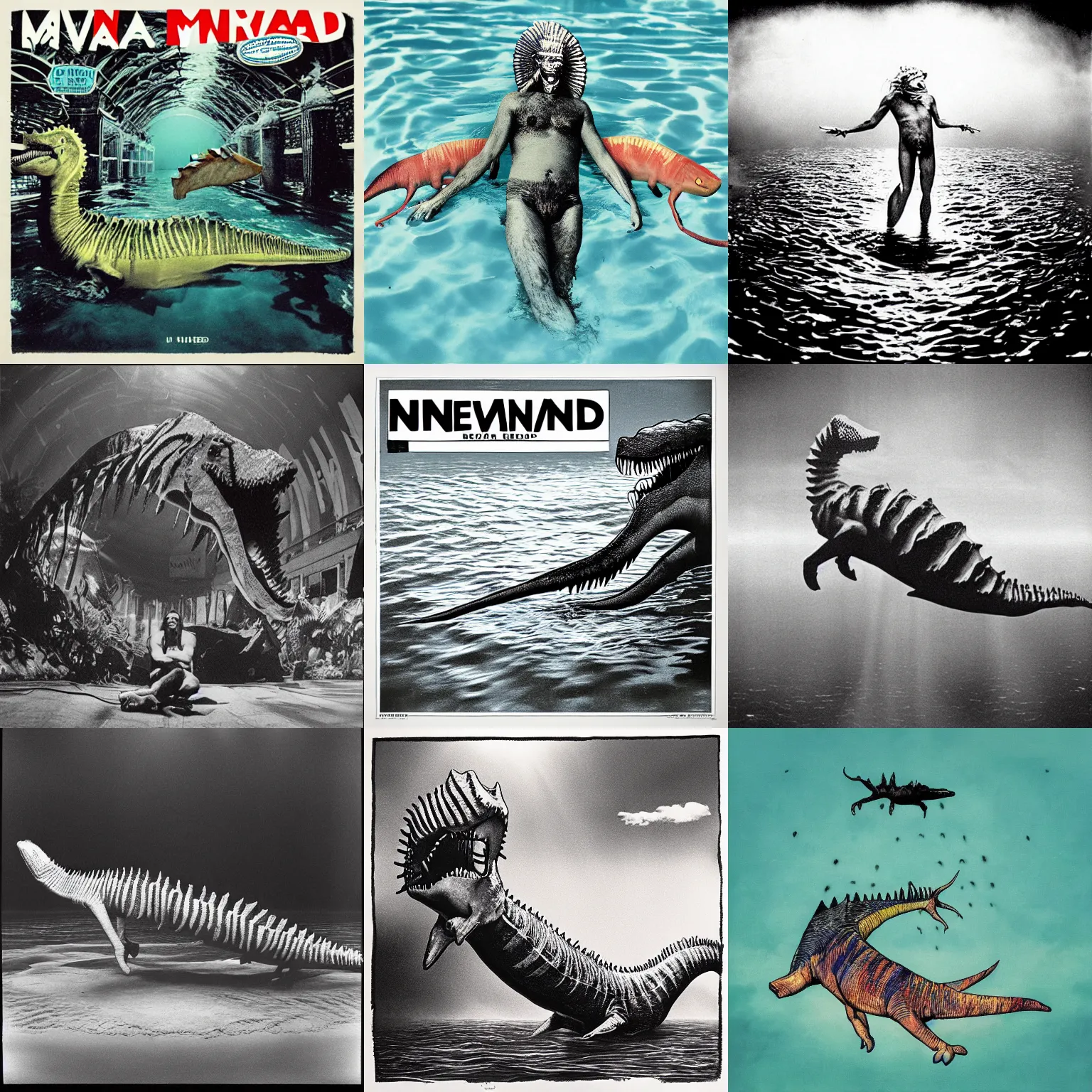 Image similar to Nirvana Nevermind album cover with a spinosaurus