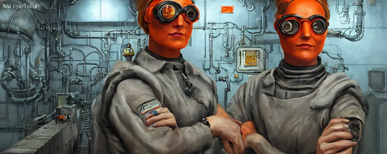 Image similar to oil painting, character concept art 3 / 4 portrait of tattooed stoic heroic emotionless butch blonde woman engineer with short slicked - back hair, wearing dark victorian goggles, wearing orange bandana around neck, working inside reactor room, awkward and uncomfortable and anxious, dirty, ron cobb. industrial space program, scifi, hyper detailed. octane render. trending on artstation