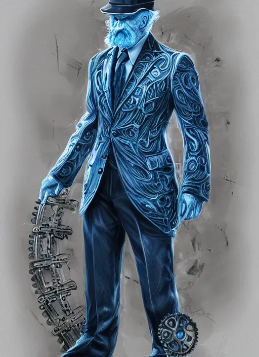 Prompt: a highly detailed illustration of fancy blonde twirly moustache old man wearing hat with gears and blue suit, dramatic standing pose, muscular, intricate, elegant, highly detailed, centered, digital painting, artstation, concept art, smooth, sharp focus, league of legends concept art, wlop.