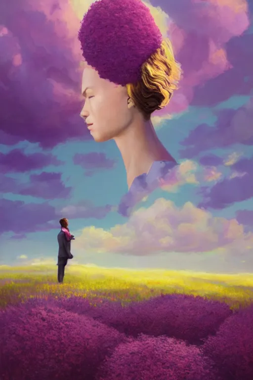 Image similar to portrait, giant lilac flower as head, black woman in suit in heather field, surreal photography, golden hour, colorful clouds, impressionist painting, digital painting, artstation, simon stalenhag